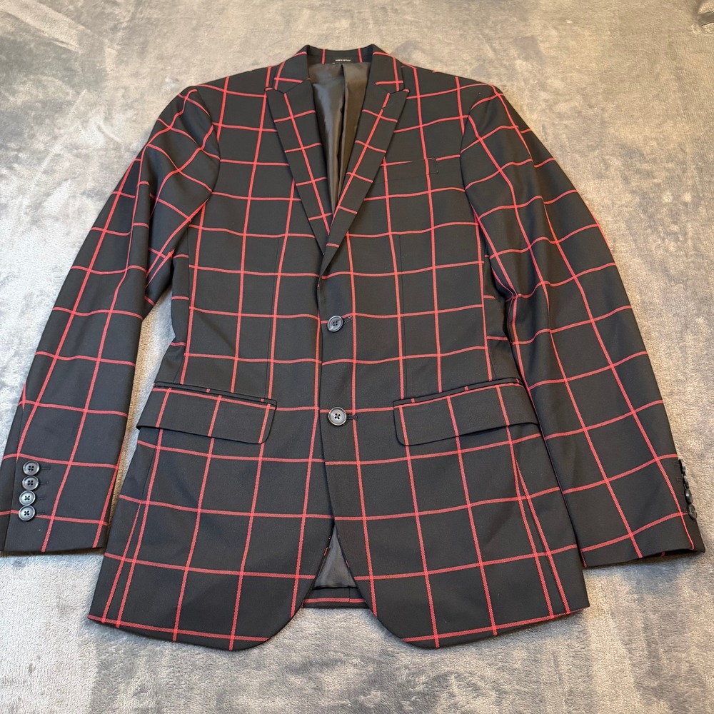 JF J.Ferrar Slim Fit Blazer Mens 34 Regular Black Red Windowpane Sport Coat